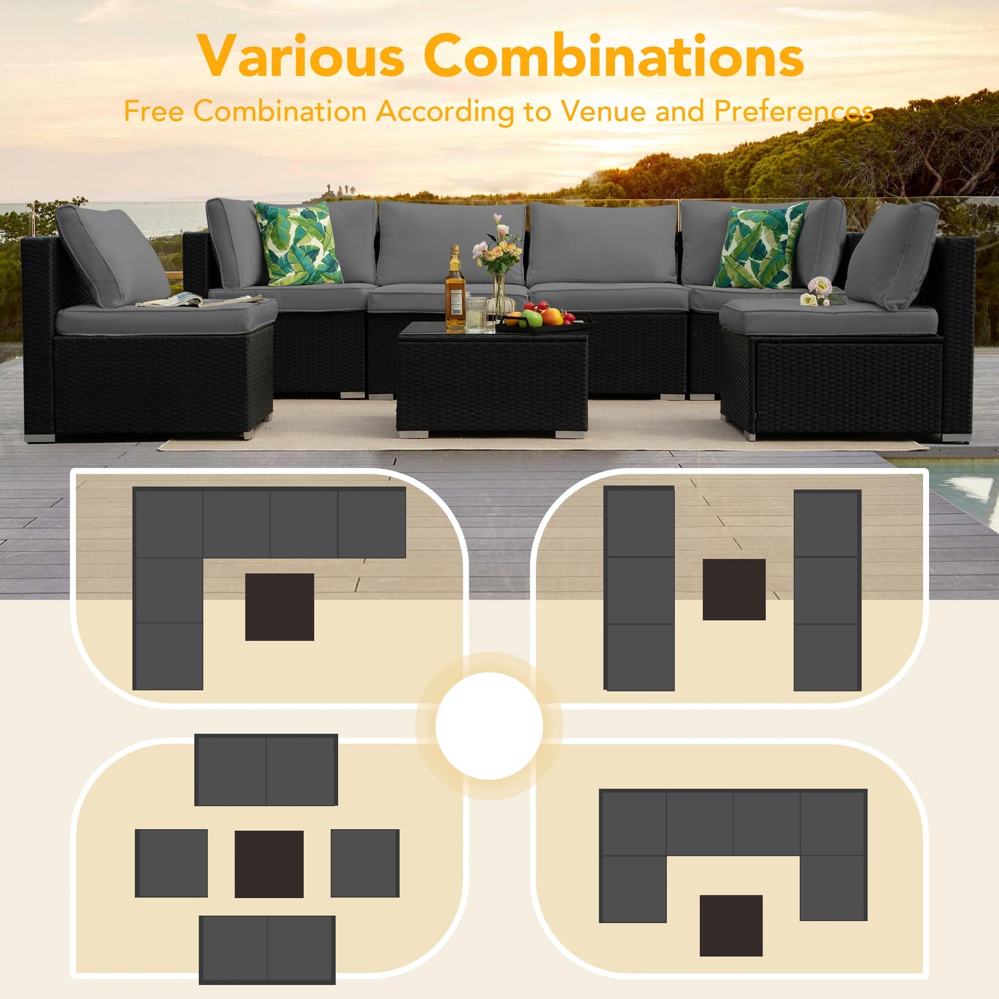 Outdoor NAGA BAHNA Patio Furniture, 8 Piece Outdoor Sectional Sofa PE Rattan Wicker Patio Conversation Sets with Thick Cushions