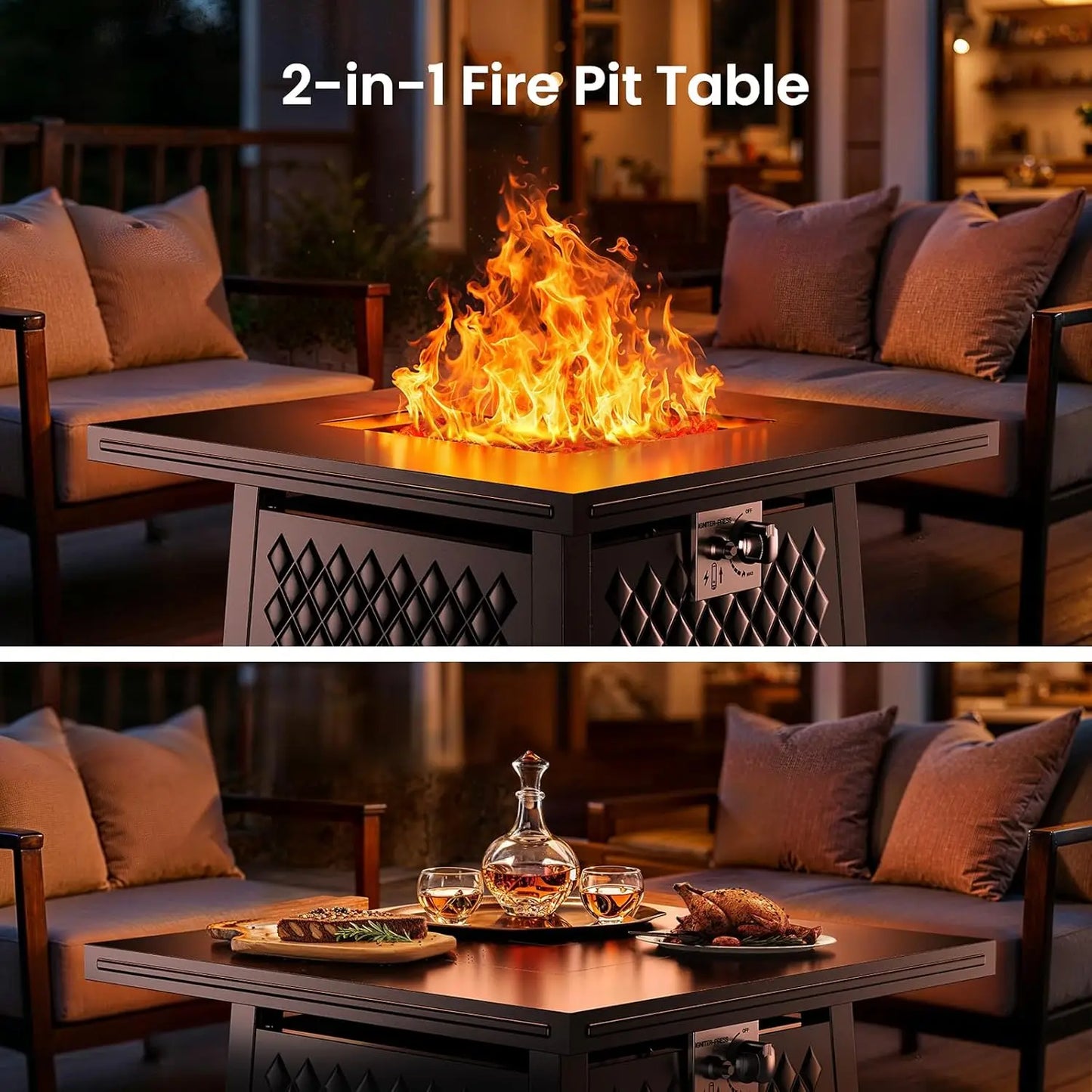 32 Inch Propane Fire Pits,50,000 BTU Gas Fire Pit Table for Outsides with Steel Lid & Lava Rock,2-in-1 Square Fire Table, Black