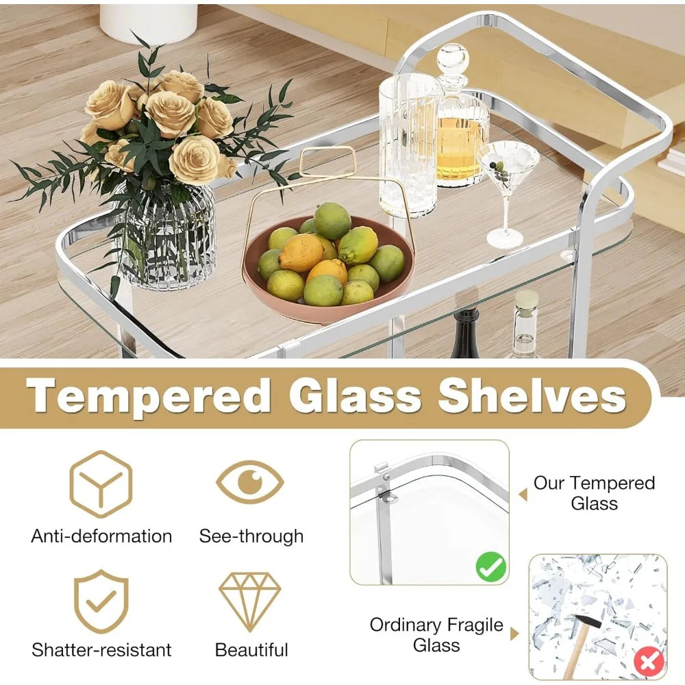 Bar Cart for The Home, 2-Tier Rolling Tempered Glass Serving Cart, 2 Large Gold Aluminum Wheels & 2 Casters, Handle, Stainless