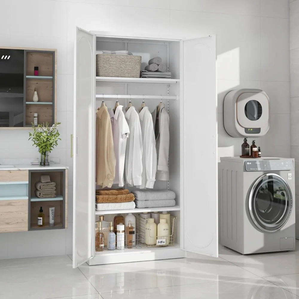 Metal Armoire Wardrobe Closet with Hanging Rod,71" Tall Wardrobe Cabinet with Doors and Adjustable Shelves，White Clothing Storag