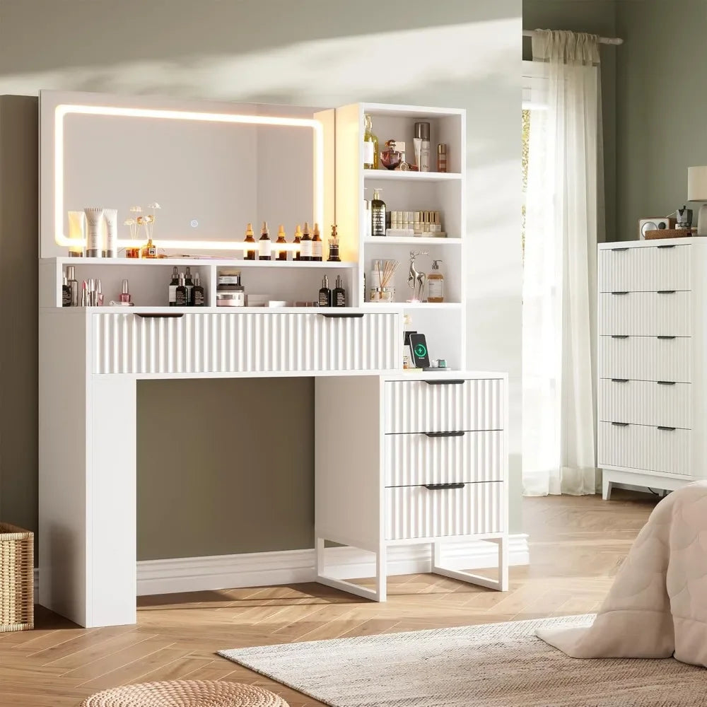 Fluted Vanity Desk with Mirror and Lights,48" Large Makeup Vanity Desk with Charging Station,Dressing Table with 4 Drawers