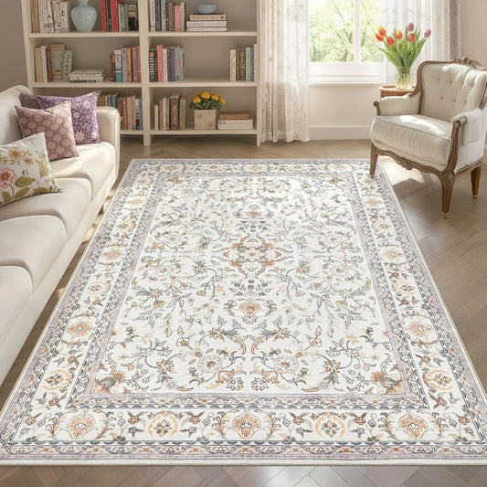 Area Rug Living Room Rugs: 6x9 Washable Vintage Floral Oriental Farmhouse Large Thin Indoor Carpet for Bedroom Under Dining Tab
