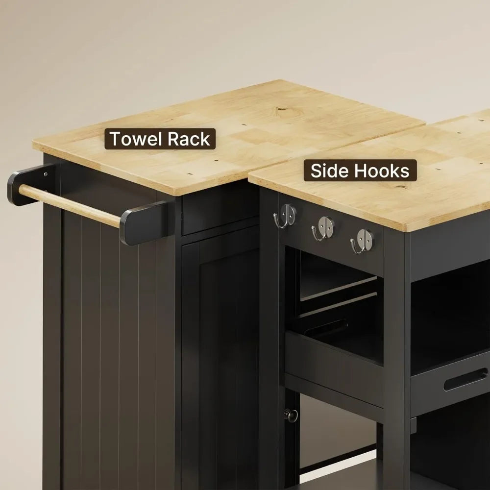 Kitchen Island Cart with Solid Wood Top, Rolling Serving Utility Trolley Cart with Drawer, Cabinet, Towel Rack, Hooks
