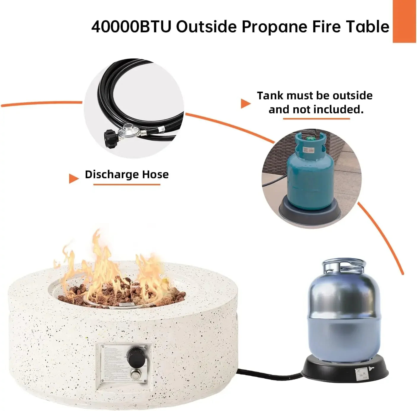 40,000 BTU 28-inch Round White Terrazzo Concrete Fire Table Gas Fire Pit w Lava Rocks and Rain Cover for Outdoor