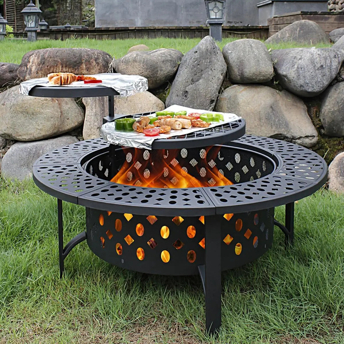 36 Inch Fire Pit with 2 Grills, Wood Burning Fire Pits for Outside with Lid, Poker & Round Waterproof Cover,BBQ& Outdoor Firepit