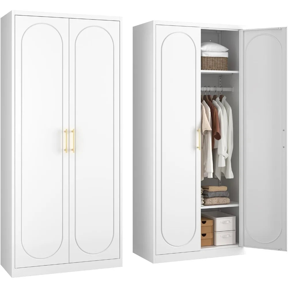 Metal Armoire Wardrobe Closet with Hanging Rod,71" Tall Wardrobe Cabinet with Doors and Adjustable Shelves，White Clothing Storag