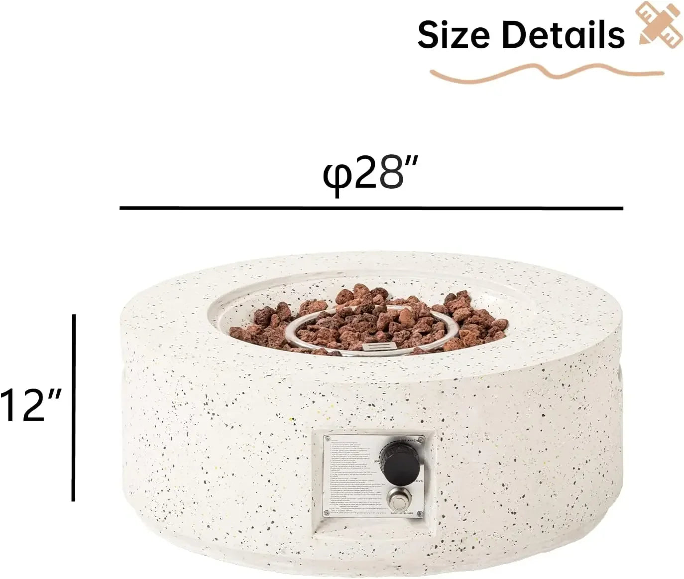 40,000 BTU 28-inch Round White Terrazzo Concrete Fire Table Gas Fire Pit w Lava Rocks and Rain Cover for Outdoor