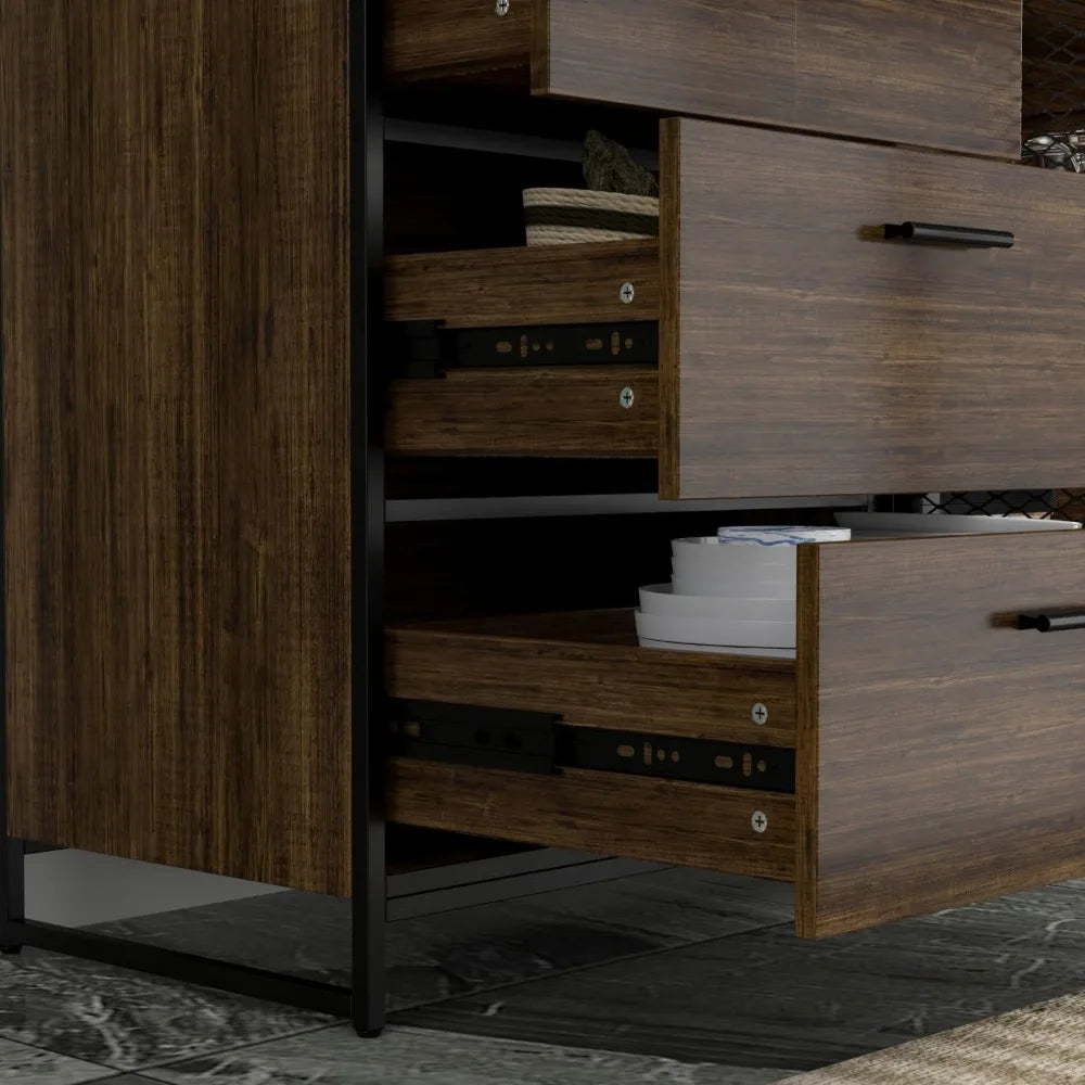 Large Kitchen Hutch Storage Cabinet, Pantry Cabinets with Hutch, Metal Frame Cupboard with Mesh Door, Drawer & Microwave Shelf,