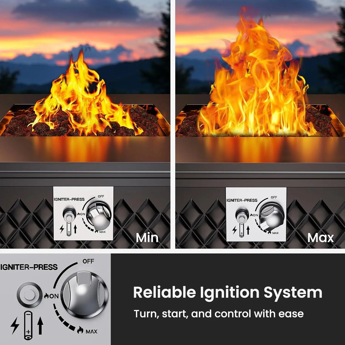 32 Inch Propane Fire Pits,50,000 BTU Gas Fire Pit Table for Outsides with Steel Lid & Lava Rock,2-in-1 Square Fire Table, Black