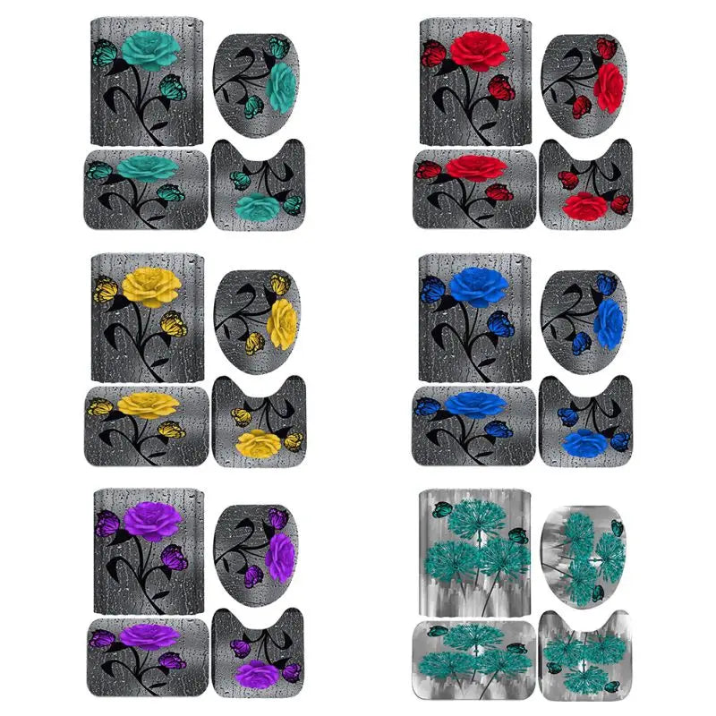 4pcs Set Doormat Shower Curtain with Non-Slip Rugs Toilet Seat Cover Bath Carpet Durable Waterproof Bathroom Home Entrance Decor