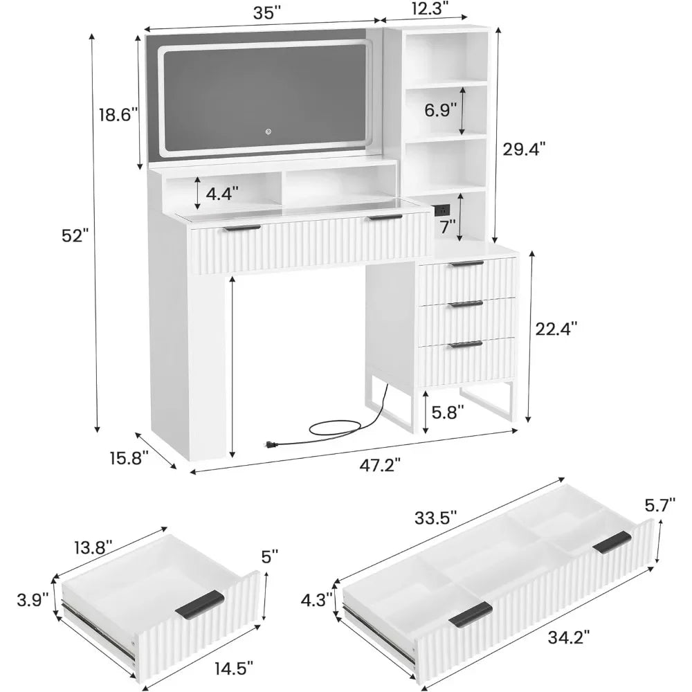 Fluted Vanity Desk with Mirror and Lights,48" Large Makeup Vanity Desk with Charging Station,Dressing Table with 4 Drawers