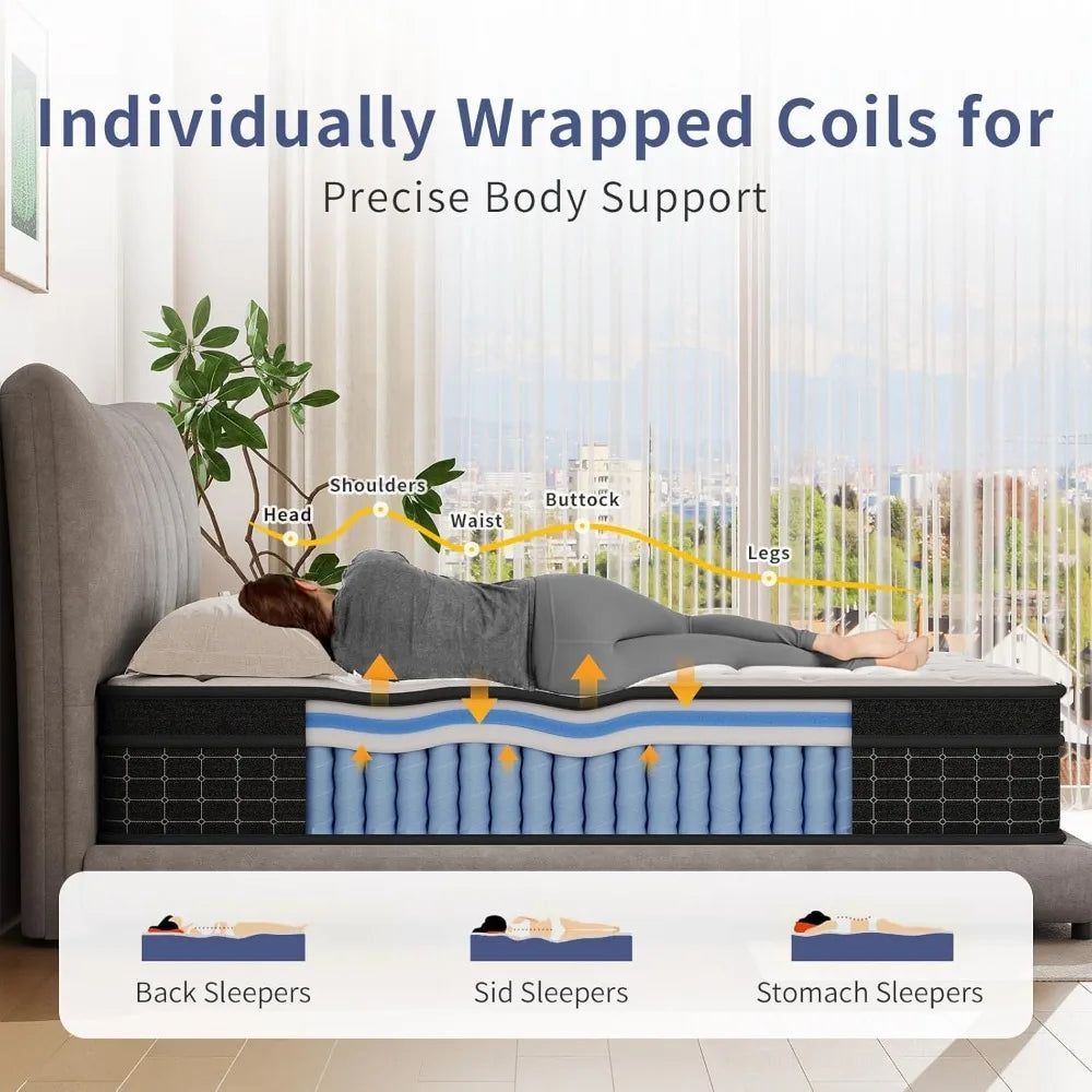 Mattress,12 Inch Mattresses in a Box, Individually Wrapped Pocket Coils for Isolate Motion,Pressure Relief,CertiPUR-US Certified