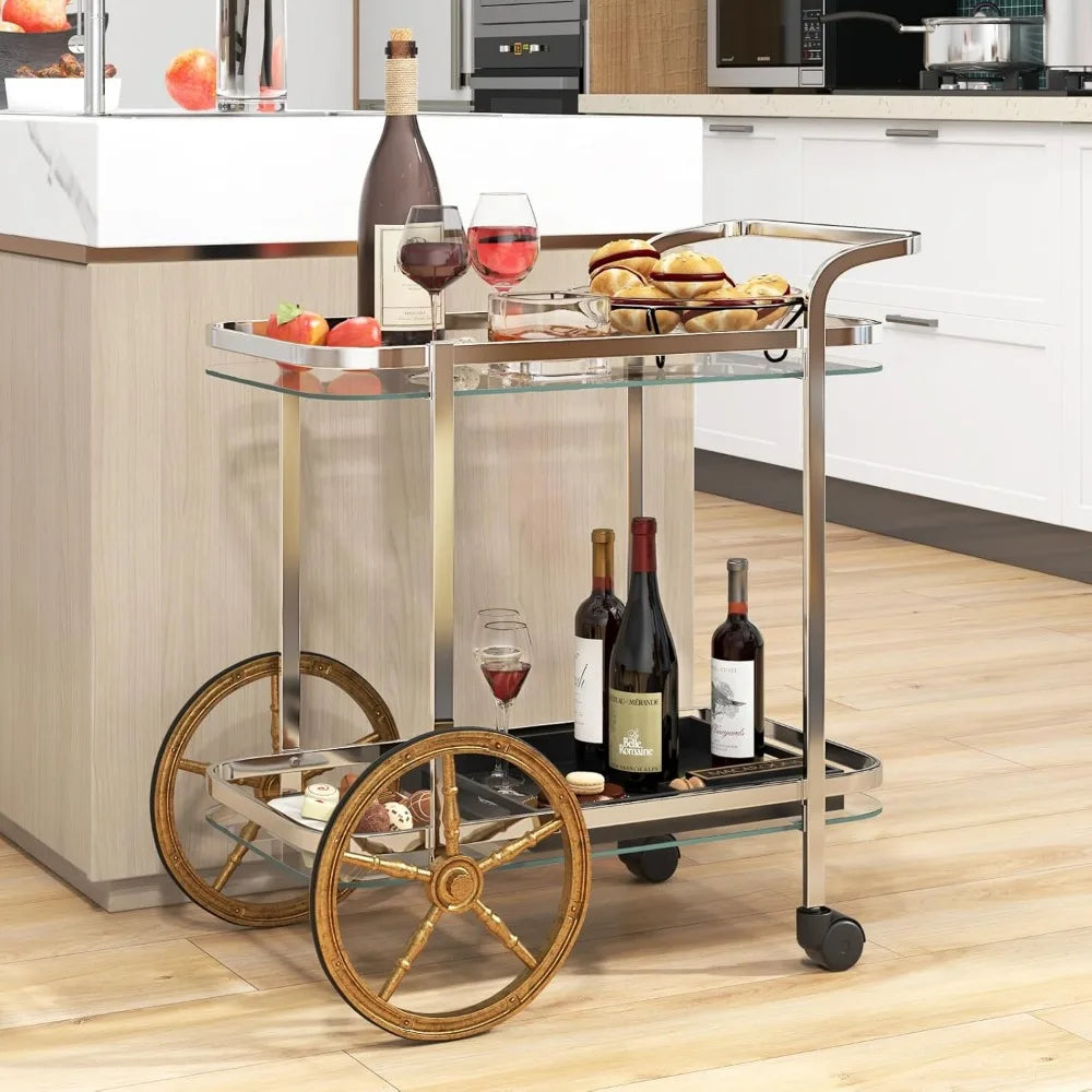 Bar Cart for The Home, 2-Tier Rolling Tempered Glass Serving Cart, 2 Large Gold Aluminum Wheels & 2 Casters, Handle, Stainless