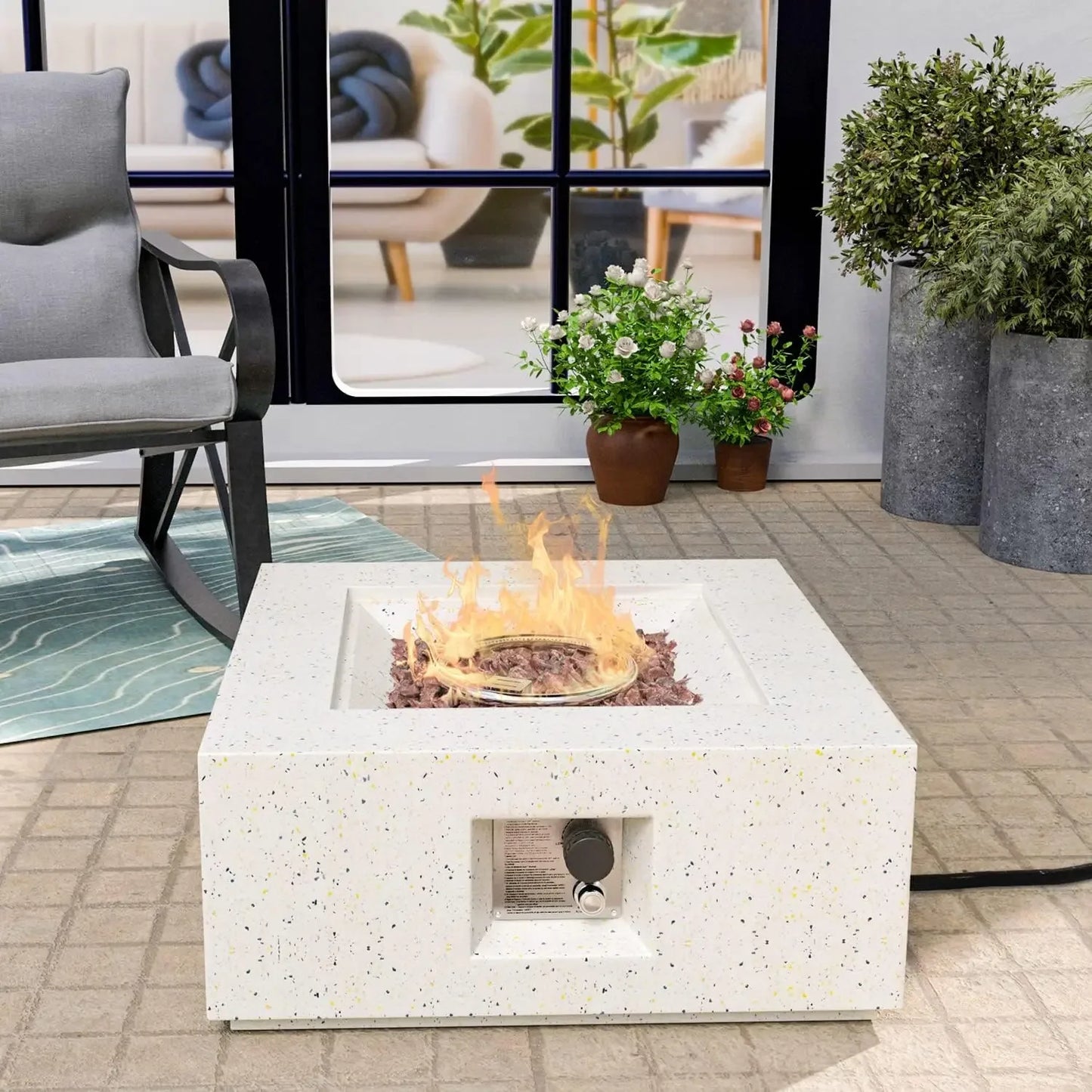 40,000 BTU 28-inch Round White Terrazzo Concrete Fire Table Gas Fire Pit w Lava Rocks and Rain Cover for Outdoor