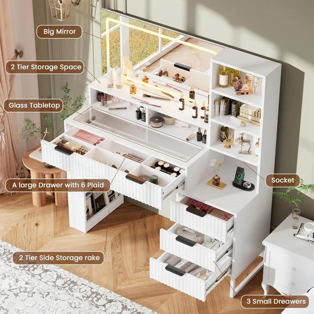 Fluted Vanity Desk with Mirror and Lights,48" Large Makeup Vanity Desk with Charging Station,Dressing Table with 4 Drawers