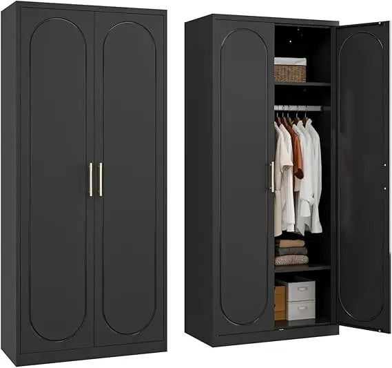 Metal Armoire Wardrobe Closet with Hanging Rod,71" Tall Wardrobe Cabinet with Doors and Adjustable Shelves，White Clothing Storag