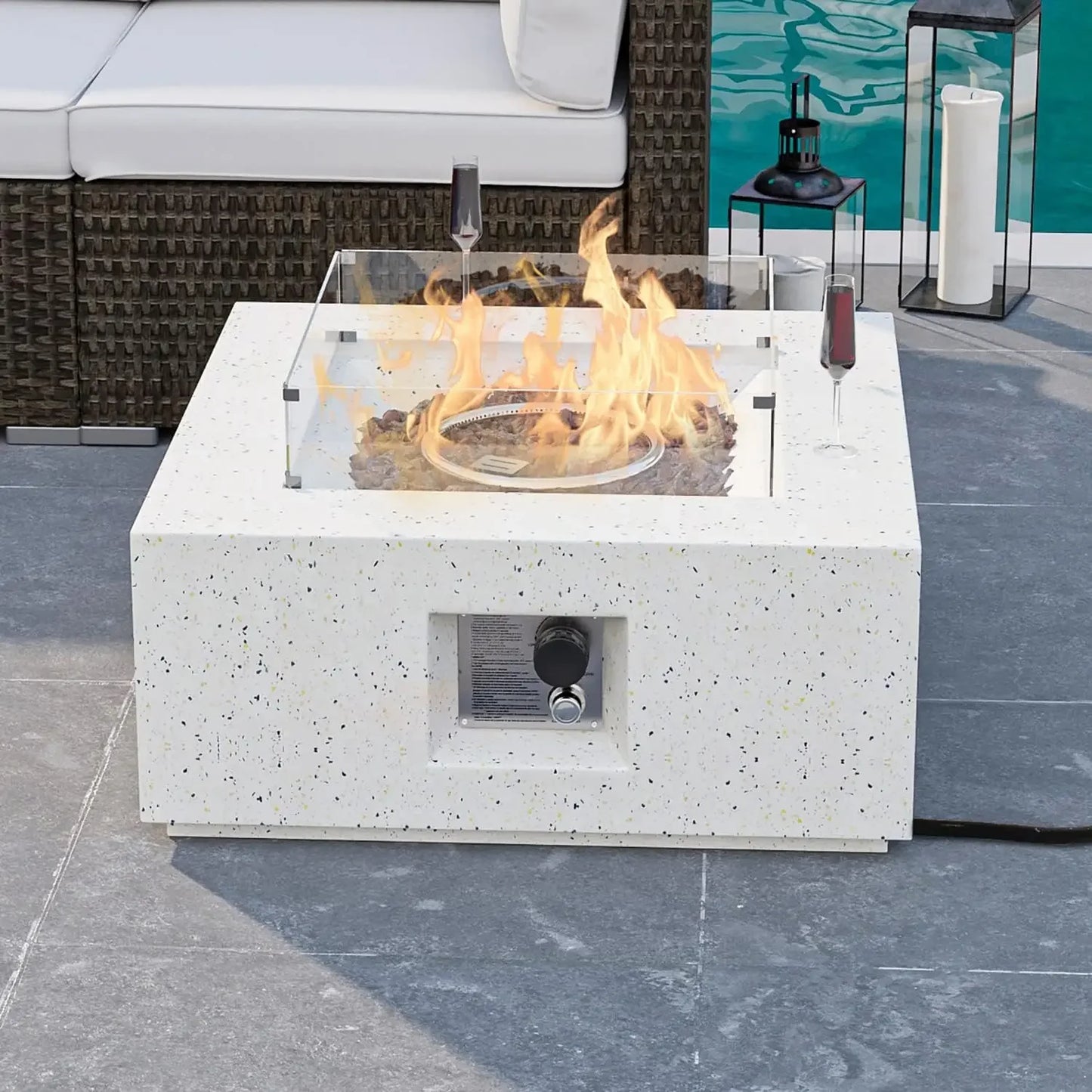 40,000 BTU 28-inch Round White Terrazzo Concrete Fire Table Gas Fire Pit w Lava Rocks and Rain Cover for Outdoor