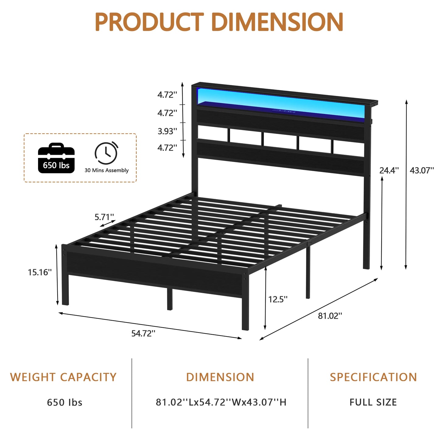 Satifur Full/Queen Size Bed Frame with LED Light and Charging Station, Wood Storage Headboard with 2-Tier Shelves,Metal Platform